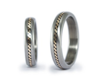 Matte Titanium and 18k Rose Gold bands. Round titanium matching wedding band. Engagement rings his and hers (04300_4N5N)