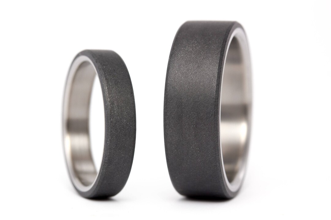 Titanium Graphite Ring Titanium and Graphite Wedding Ring Set. Flat Dark Gray Matching Bands ...