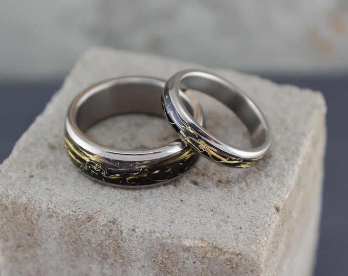 Handmade Titanium Brass Wedding Ring Set - Black Matching Bands. (05000_4N7N) FREE TAXES
