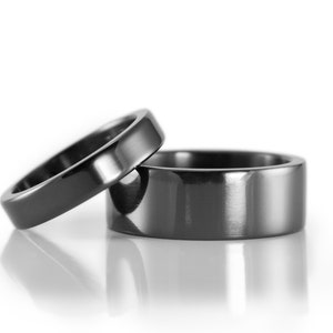 Black zirconium wedding ring set. Zirconium matching flat wedding bands. 01111_4N7N image 4