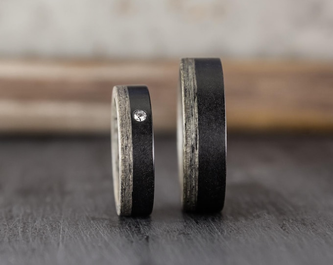Handmade Graphite Wood Wedding Ring Set, Swarovski Crystal Accent. (03500_6S7N)