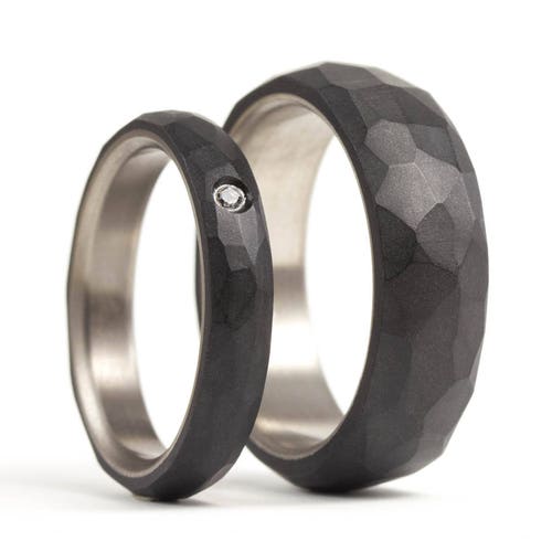 Titanium and Graphite Wedding Ring Set With Swarovski Crystal. Etsy