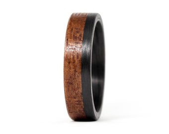 Matte carbon fiber and bentwood ring for him. Black flat cedar wood mens wedding band. Wooden engagement ring  (00405_7N)