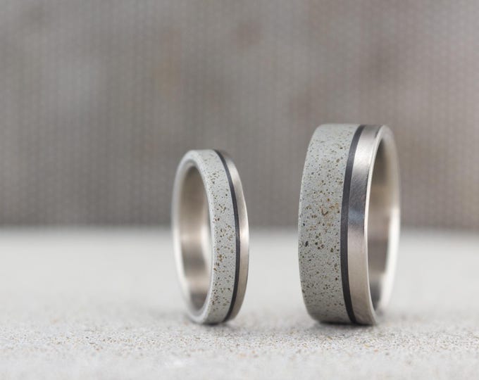 Matte Titanium Wedding Ring Set, Concrete & Carbon Fiber Inlay. (00801_4N7N)