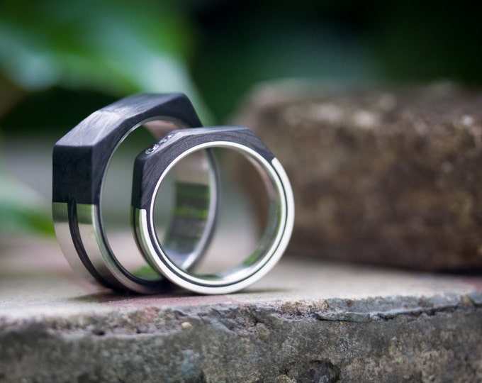 Titanium Carbon Fiber Wedding Band Set, Faceted Geometric Rings. (00329_4S27N)