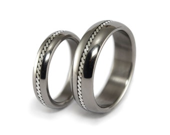 Glossy titanium with silver strand wedding ring set. Round titanium matching wedding band. Engagement rings his and hers (04100_4N7N)