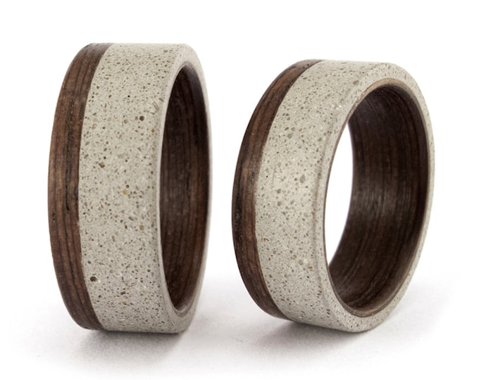 Concrete & Wenge Wood Wedding Ring Set, Matching Bands. (00901_7N8N)