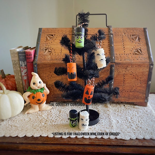 Halloween Wine Cork, Cork Shelf Sitter, Cork Pumpkin, Mummy Wine Cork, Unique Cork Art, Wine Cork Ornament, Frankenstein Cork, Tiered Shelf