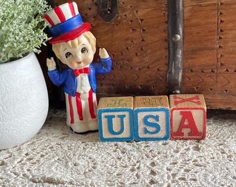 USAブロック、ヴィンテージブロック、ヴィンテージ木製ブロック、木製ブロック、愛国的なヴィンテージブロック、独立記念日ブロック、愛国的なブロックセット