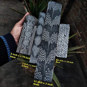 Piezas en blanco de acero de Damasco para hacer cuchillos con mosaico: diseños de plumas, flores y rayos (juego de 4)
