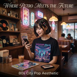 May include: A woman in a black t-shirt with a city graphic, holding a phone, sits at a table with a magazine and cassette tape. The image has the text "WHERE RETRO MEETS THE FUTURE" and "80s City Pop Aesthetic". The background features neon signs and vinyl records.