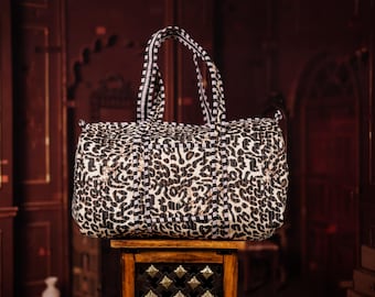 Boho Weekender Bag – Leopard Print Duffle Bag Cotton Travel Tote – Luggage Travel Bag – Handmade Overnight Bag