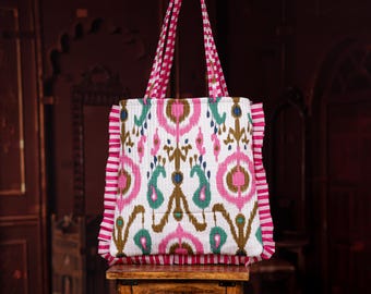 Colorful Ikat Tote Bag with Pink Ruffle Sides – Large Boho Shoulder Bag – Handmade Statement Purse, Everyday Work Tote Gift for Her