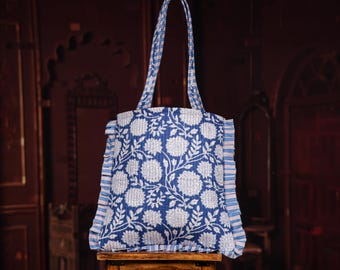 Blue Floral Tote Bag with Ruffle Sides – Large Quilted Cotton Shoulder Bag – Handmade Block Print Style Everyday Work Purse for Women