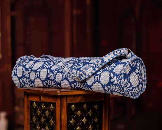 Blue Floral Yoga Mat Bag, Quilted Cotton Yoga Carrier with Strap, Handmade Yoga Bag, Adjustable Sling Yoga Tote, Gift for Yoga Lover