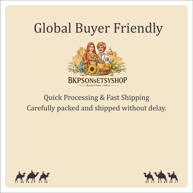 May include: Cream-colored graphic with the text "Global Buyer Friendly" and an illustration of a couple in traditional Indian attire. The text "BKPSONSETSYSHOP" is also present, along with the text "Quick Processing & Fast Shipping".