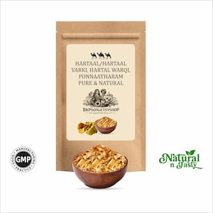 May include: A brown paper bag with text and illustrations, including the words "HARTAAL/HARTAAL VARKI, HARTAL WARQI, PONNAATHARAM PURE & NATURAL." A wooden bowl is filled with a yellow-brown substance. The bag also has a GMP seal and the words "Natural n Tasty."