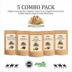 May include: A combo pack of five pouches, each labeled with the names of organic herbs and seeds: Ashwagandha, Gokhru Fruit, Shatavari Root, Castor Seeds, and Safed Musli Root. The packaging is brown with white labels and illustrations.