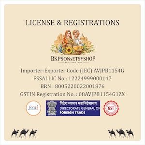 May include: A beige document with the text "LICENSE & REGISTRATIONS" and the logo for BKPSONSETSYSHOP. Below are registration details including an Importer-Exporter Code, FSSAI LIC No, BRN, and GSTIN Registration No. The image also includes logos.