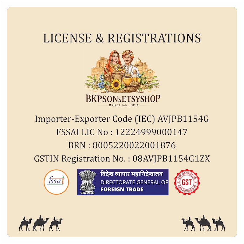 May include: A beige document with the text "LICENSE & REGISTRATIONS" and the logo for BKPSONSETSYSHOP. Below are registration details including an Importer-Exporter Code, FSSAI LIC No, BRN, and GSTIN Registration No. The image also includes logos.
