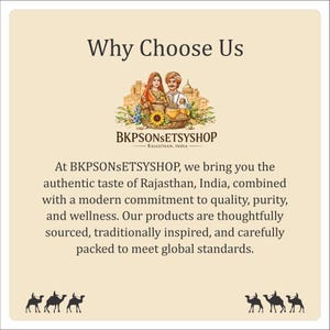 May include: Cream-colored graphic with the text "Why Choose Us" above an illustration of a couple and a basket of goods. The text "BKPSONSETSYSHOP" and "RAJASTHAN, INDIA" are also present. The bottom of the image shows silhouettes of camels.