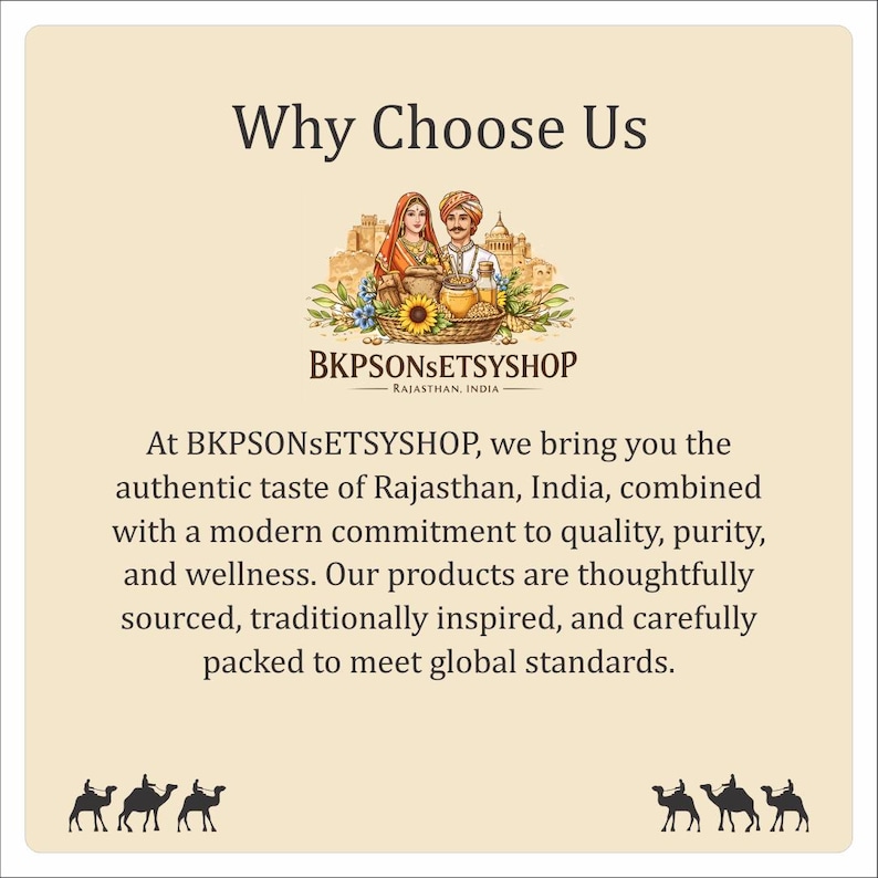 May include: Cream-colored graphic with the text "Why Choose Us" above an illustration of a couple and a basket of goods. The text "BKPSONSETSYSHOP" and "RAJASTHAN, INDIA" are also present. The bottom of the image shows silhouettes of camels.
