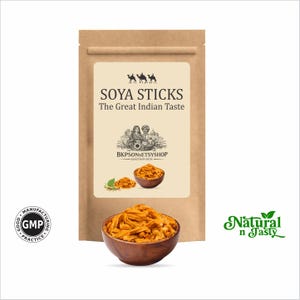 May include: A brown paper bag of Soya Sticks with the text "SOYA STICKS The Great Indian Taste". A wooden bowl is filled with the sticks. The words "Natural n Tasty" are in green script.