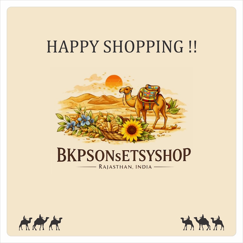 May include: An illustration with a camel wearing a colorful saddle, set against a desert landscape with a rising sun. The image includes a basket of flowers and the text "HAPPY SHOPPING !!" and "BKPSONSETYSYSHOP RAJASTHAN, INDIA".