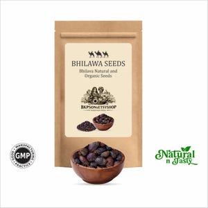 May include: A brown paper packet labelled "BHILAWA SEEDS" with the text "Bhilava Natural and Organic Seeds" and an illustration. A wooden bowl filled with dark seeds is in front of the packet. The words "Natural n Tasty" are also visible.