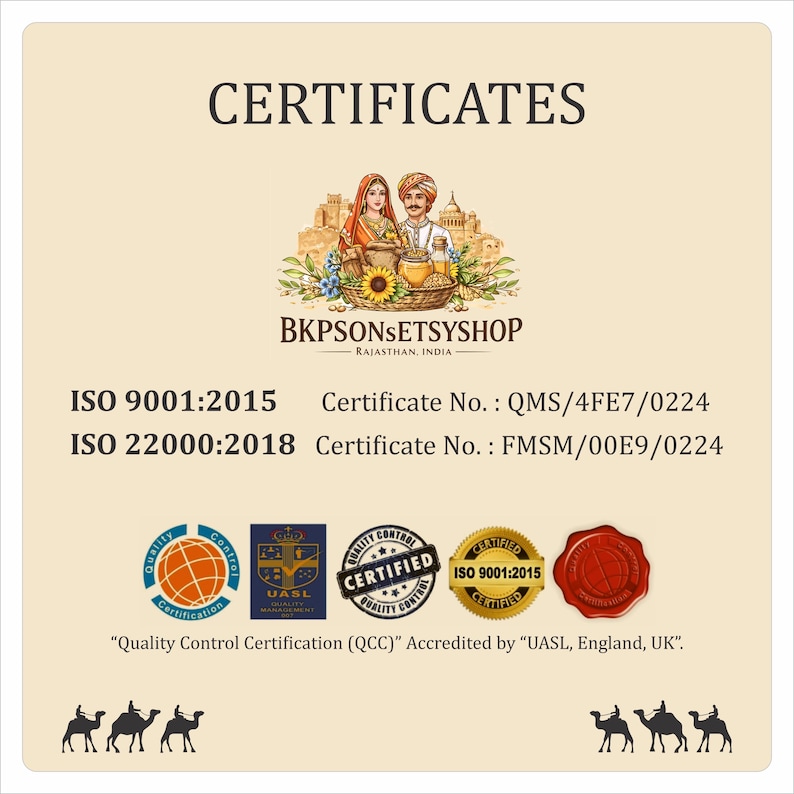 May include: A certificate with the text "CERTIFICATES" at the top. Below is an illustration of a couple and the text "BKPSONSETSYSHOP, RAJASTHAN, INDIA". The certificate includes ISO 9001:2015 and ISO 22000:2018 certifications, along with various quality control seals.