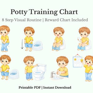May include: A colorful potty training chart with an 8-step visual routine and a reward chart. The chart features illustrations of a child in various stages of potty training. Text on the chart reads "Potty Training Chart" and "Printable PDF | Instant Download."