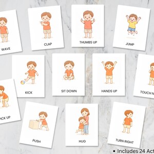 Peut inclure: Un ensemble de cartes d'action illustr&eacute;es repr&eacute;sentant des enfants effectuant diverses actions telles que saluer, applaudir et sauter. Chaque carte affiche une action diff&eacute;rente avec une illustration et une &eacute;tiquette textuelle. L'ensemble comprend 24 cartes d'action.