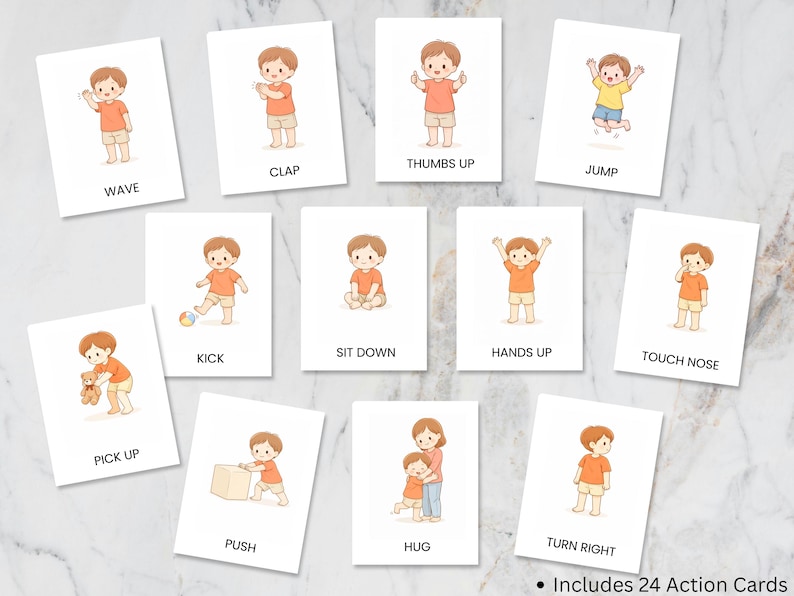 Peut inclure: Un ensemble de cartes d'action illustr&eacute;es repr&eacute;sentant des enfants effectuant diverses actions telles que saluer, applaudir et sauter. Chaque carte affiche une action diff&eacute;rente avec une illustration et une &eacute;tiquette textuelle. L'ensemble comprend 24 cartes d'action.