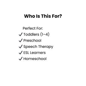 Peut inclure: Fond blanc avec le texte &laquo;&nbsp;Who Is This For&nbsp;?&nbsp;&raquo; suivi d'une liste&nbsp;: Tout-petits (1-4), Pr&eacute;scolaire, Orthophonie, Apprenants d'anglais langue seconde, et &Eacute;cole &agrave; la maison. Chaque &eacute;l&eacute;ment est pr&eacute;c&eacute;d&eacute; d'une coche verte.