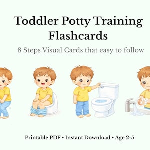 Może przedstawiać: Ilustrowane fiszki do nauki korzystania z nocnika dla maluchów. Karty pokazują 8 kroków z dzieckiem na różnych etapach, od potrzeby skorzystania z toalety po mycie rąk. Tekst u góry brzmi "Toddler Potty Training Flashcards". Tekst na dole brzmi "Printable PDF • Instant Download • Age 2-5".