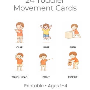 Peut inclure: Ensemble de 24 cartes de mouvements pour tout-petits &agrave; imprimer. Chaque carte pr&eacute;sente un enfant de dessin anim&eacute; effectuant une action, comme taper des mains, sauter ou pousser. Pour les enfants de 1 &agrave; 4 ans.