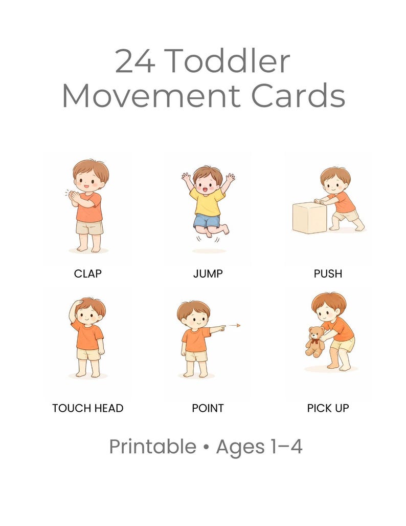 Peut inclure: Ensemble de 24 cartes de mouvements pour tout-petits &agrave; imprimer. Chaque carte pr&eacute;sente un enfant de dessin anim&eacute; effectuant une action, comme taper des mains, sauter ou pousser. Pour les enfants de 1 &agrave; 4 ans.