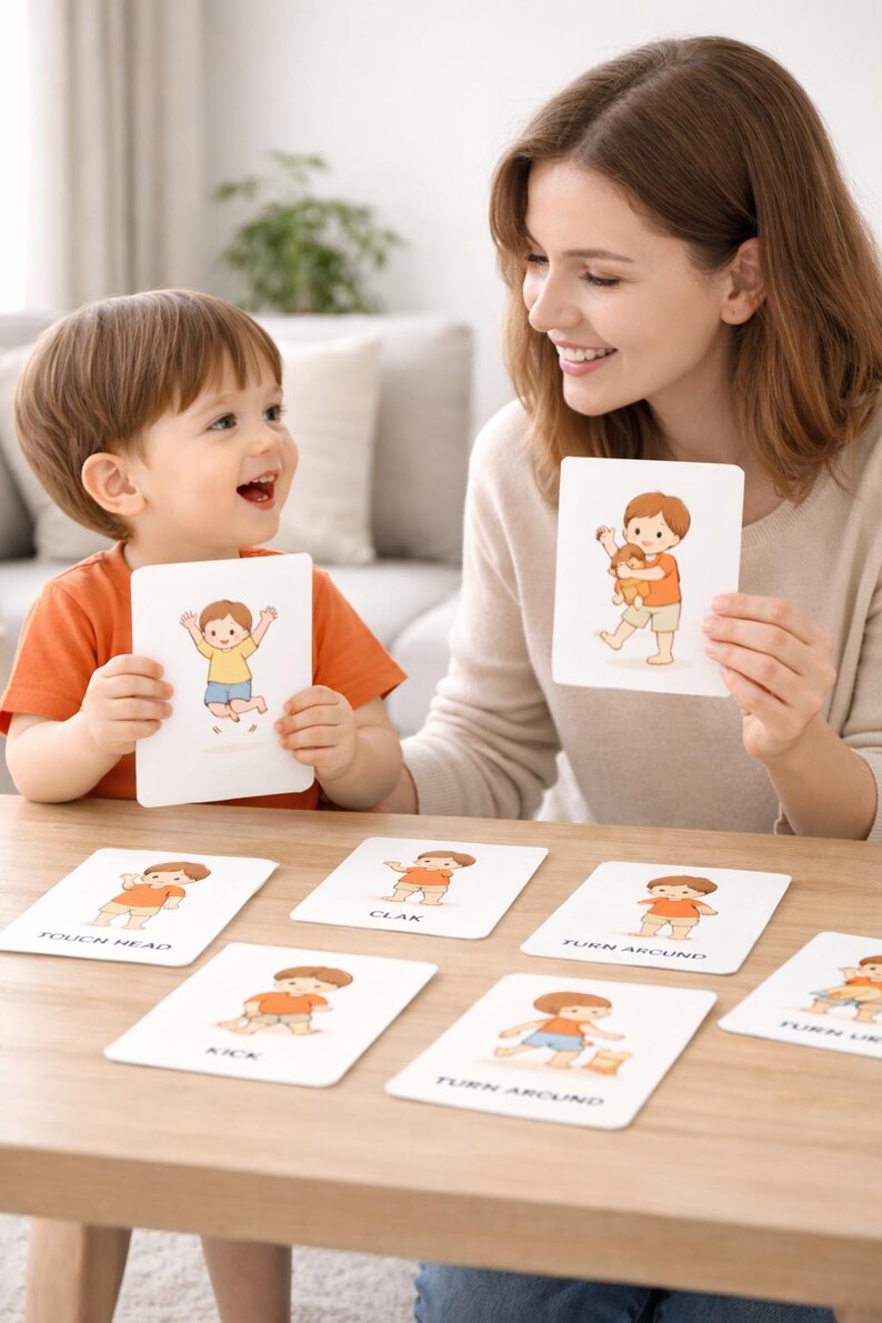 Peut inclure: Un enfant et un adulte tiennent des cartes illustr&eacute;es avec des dessins d'un enfant de dessin anim&eacute; effectuant des actions. Les cartes sont sur une table en bois. Les cartes comportent des textes tels que "Toucher la t&ecirc;te" et "Donner un coup de pied".