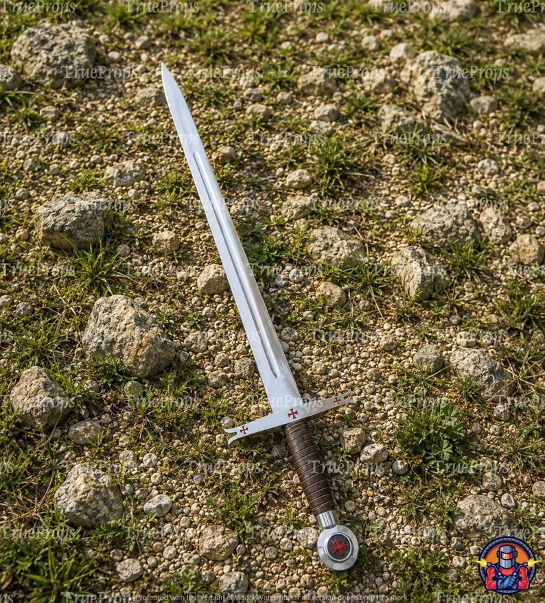 May include: A double-edged steel sword featuring a central fuller, a crossguard with red cross emblems on each side, a brown leather-wrapped grip, and a circular pommel with a red cross emblem centered on a silver background.