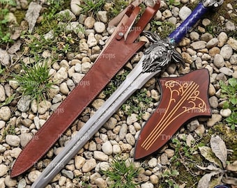 Handmade Viking Sword with Lion Head Guard, Engraved Blade & Leather Scabbard, Norse Display Decor