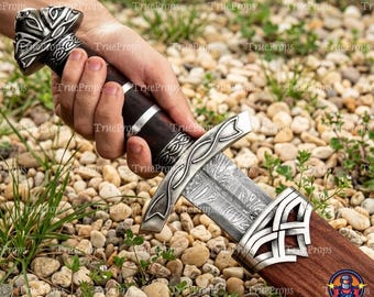Handmade Viking Damascus Sword, Norse Display Sword with Wooden Scabbard