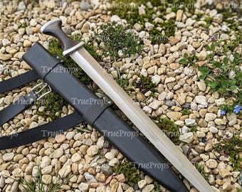Handmade High Carbon Steel Medieval Short Sword with Leather Scabbard, Viking Replica Collector Piece