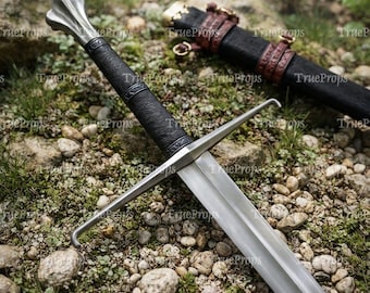 Hand Forged Steel Medieval Long Sword with Engraved Leather Handle & Scabbard | Handmade Knight Sword | Collector Display | Cosplay Sword