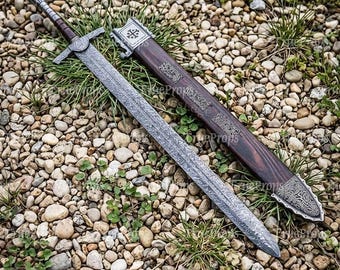 Hand Forged Damascus Steel Crusader Sword, Medieval Viking Replica, Decorative Fantasy Blade, Collectible Scabbard