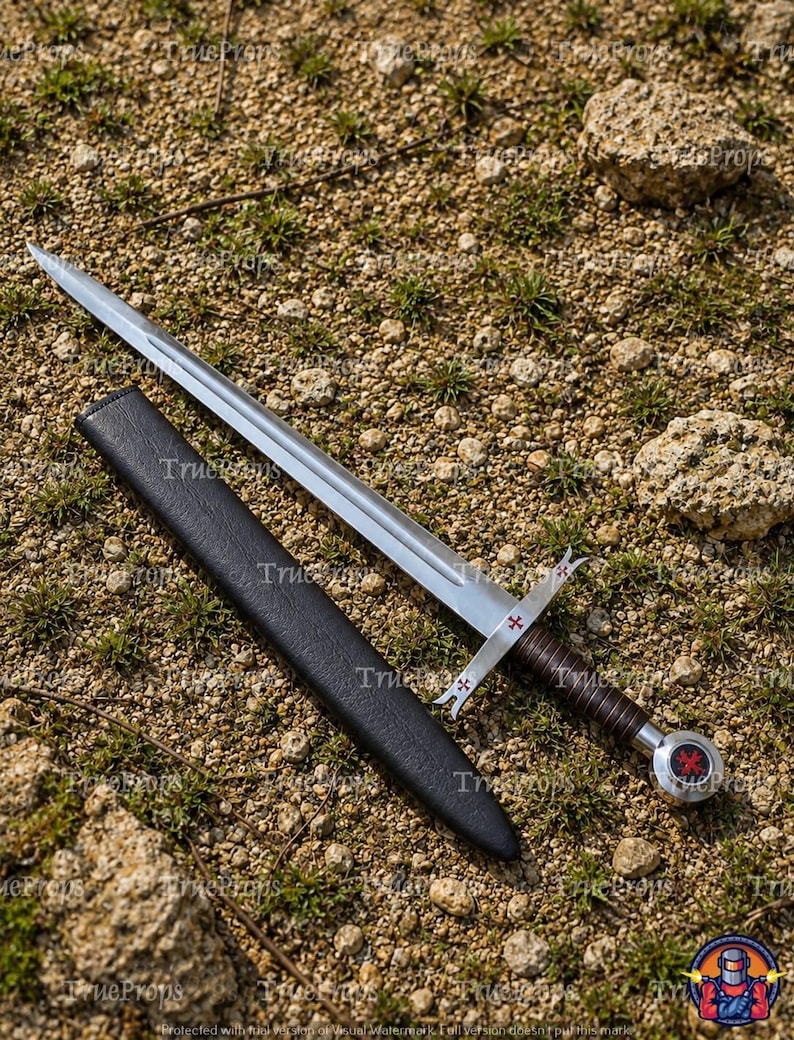 May include: A silver-toned metal sword with a double-edged blade, a brown leather-wrapped grip, and a circular pommel featuring a red cross emblem. The crossguard also displays small red cross details. A black scabbard lies beside the sword.