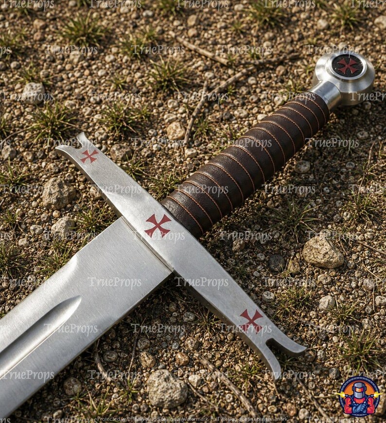 May include: A steel sword featuring a brown leather-wrapped grip with a silver pommel and crossguard. The crossguard and pommel are decorated with red cross symbols. The blade is straight with a central fuller running down the length of the metal.