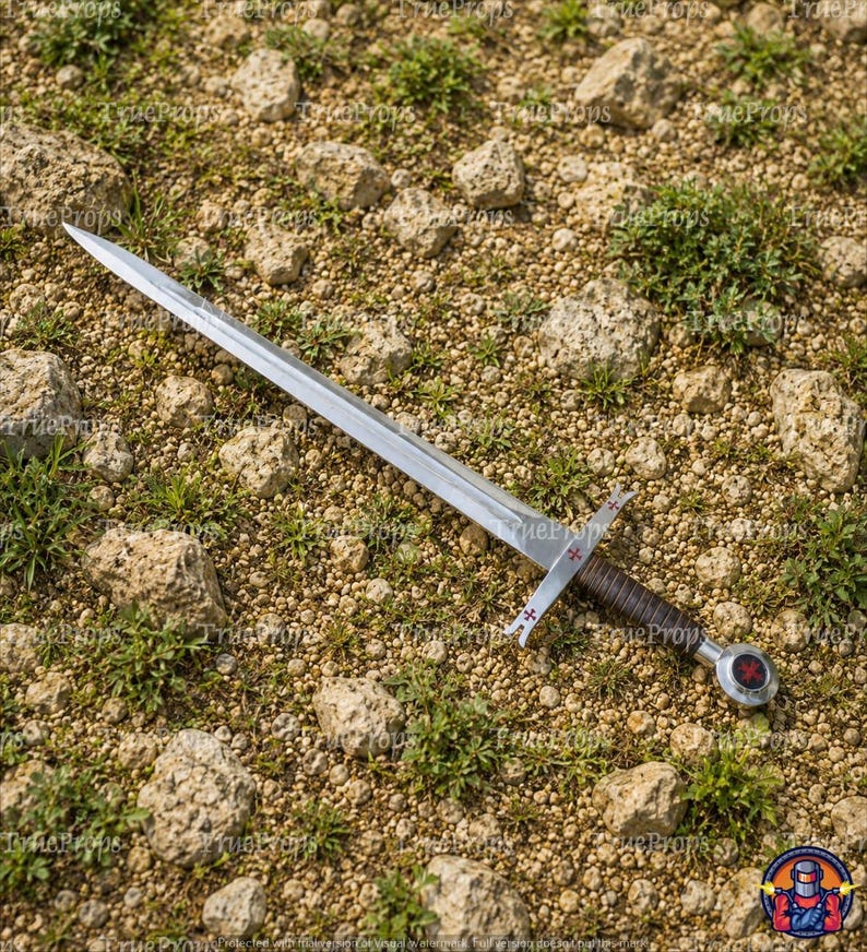 May include: A silver-toned metal sword featuring a pointed blade, a crossguard with small red cross emblems on each side, a dark brown wrapped handle, and a circular pommel with a red cross emblem centered on a black background.