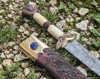 Hand Forged Damascus Steel Norse Sword – Bone Handle with Hand Engraved Wooden Scabbard