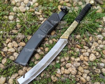 Hand Forged Steel Short Sword, Engraved Brass Handle, Medieval Display Piece (Leather Sheath)