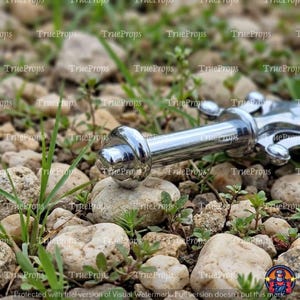 May include: A polished silver-toned metal object with a cylindrical shaft and a rounded, knob-like end. The piece features a smooth, reflective surface and a distinct circular ring detail near the tip, resting horizontally on a rocky ground.